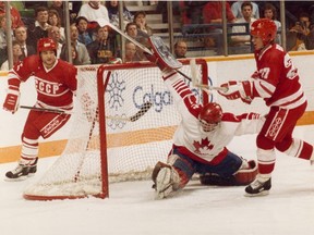 Pictured, the Soviets score another goal against Canada on their way to a 5-0 win, eliminating Canada from gold medal contention at the 1988 Calgary Winter Olympics, marking a 35th anniversary this month. Neither Canada or the United States won a medal in hockey at the Olympics. 
This was the only Olympic tournament held on North American soil that was not won by either Canada or United States.