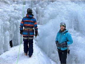 Rockaboo guide, Maarten van Haeren, with Aemon Penner getting ready to climb. Photo,?Andrew Penner