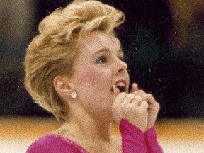 Elizabeth Manley reacts to the powerful performance she gave at the 1988 Calgary Winter Olympics, marking a 35th anniversary this year. Calgary Herald archives.