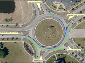 A City of Calgary diagram on how to use the McKenzie Towne Roundabout is shown.  The roundabout has been in operation since 1999 and was one of the first multi-lane roundabouts in Canada.  Roundabouts, yielding at entry, are fundamentally different from traffic circles due to their lower speed at entry and pedestrian crossing locations.  Collisions that do occur at roundabouts lead to lower severity outcomes as right-angle collisions are eliminated and speeds are dramatically reduced compared to a conventional intersection.