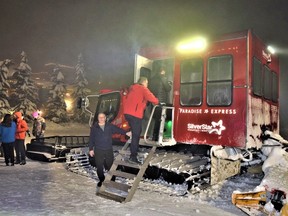 This specially retrofitted PistenBully 400 snow groomer called the 'Paradise Express' takes people to the mountaintop at SilverStar Resort near Vernon for dinner at Paradise Camp. Photo, Steve MacNaull