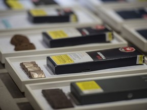 Chocolate edibles available for authorized retailers are displayed at the Ontario Cannabis Store in Toronto on Friday, Jan. 3, 2020.