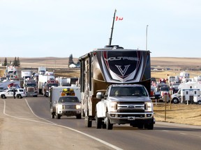 The roadblock on Highway 4 outside Melk River on the way to the Coutts border crossing as protesters continue their protest on Tuesday, February 8, 2022.