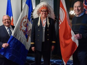 From left, Bob Steadward, member of the Commonwealth Games bidding committee in Edmonton, Chief Roy Whitney of Tsuut'ina Nation and community builder Dr. Roger Jackson announce plans to explore an Alberta bid for the 2030 Games on Wednesday, March 8, 2023.