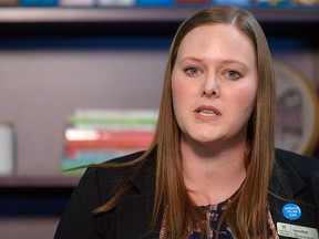 Laura Hack, chair of the Calgary Board of Education, speaks during a press conference at John G. Diefenbaker High School in Calgary on Thursday, March 9, 2023.