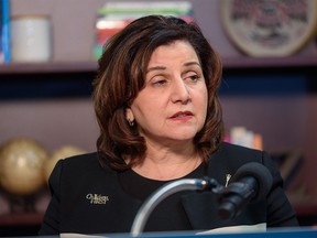 Alberta Education Minister Adriana LaGrange speaks at a press conference at John G. Diefenbaker High School in Calgary on Thursday, March 9, 2023.
