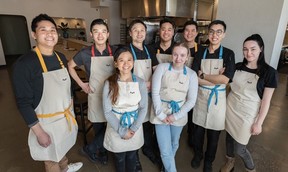 From left; Jeremy Ho, Primary Colours co-founder; Kevin Yang, pastry chef; Jillian Mah, barista and server; Matthias Fong, co-founder and executive chef; Eric Um, head chef; Courtney Boechler, barista and server; William Chen, cook; Anthony Yao, cook; and Anna Lupeko, dishwasher. Azin Ghaffari/Postmedia