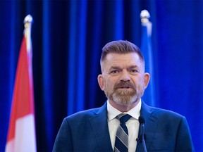 Alberta Minister of Jobs, Economy and Northern Development Brian Jean speaks at an event hosted by the Calgary Chamber of Commerce at The Westin in downtown Calgary on Thursday, March 23, 2023.