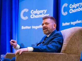 Alberta minister of jobs, economy and northern development Brian Jean speaks at an event hosted by Calgary Chamber of Commerce at The Westin in downtown Calgary on Thursday.