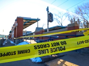 Police kept the westbound platform of the Lions Park CTrain station closed Wednesday morning, March 29, 2023, after a double stabbing at the station Tuesday evening. The station reopened just before noon on Wednesday.