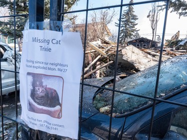 A missing cat poster is seen in front scene of the explosion that took place on Tuesday morning on Maryvale Way N.E.