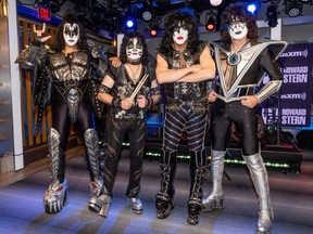 LOS ANGELES, CALIFORNIA - MARCH 01: (L-R) Gene Simmons, Eric Singer, Paul Stanley and Tommy Thayer of KISS visit SiriusXM's 'The Howard Stern Show' at SiriusXM Studios on March 01, 2023 in Los Angeles, California.
