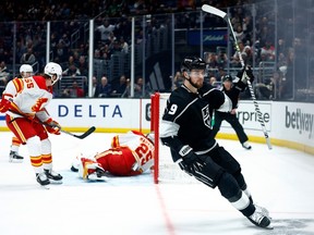 Los Angeles Kings forward Adrian Kempe celebrates a goal against the Calgary Flames at Crypto.com Arena in Los Angeles on Monday, March 20, 2023.