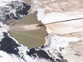 A tailings pond at Imperial Oil's Kearl Lake oil sands operation north of Fort McMurray on February 25, 2023.
