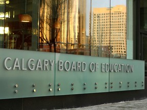Signage outside the Calgary Board of Education building is shown In downtown Calgary on Tuesday, December 7, 2021.