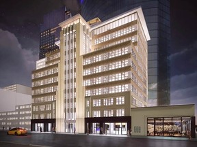 Artist's rendering of the conversion of the Barron Building in downtown Calgary.  Opening in 2024, the Barron Building will be transformed from a heritage office tower into a modern, vibrant residential community.  Originally built in 1951, the Barron Building was Calgary's first skyscraper, heralding the city's future as an economic powerhouse.