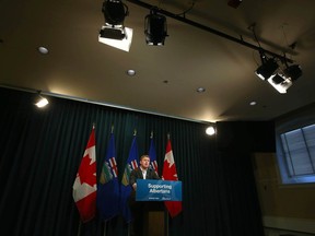 Alberta Justice Minister Tyler Shandro speaks in Calgary on Friday, March 17, 2023.