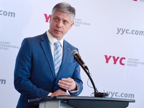 Chris Dinsdale, incoming president and CEO of the Calgary Airport Authority, speaks to the media at the airport on Thursday, March 9, 2023.