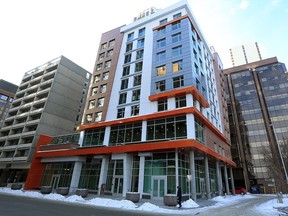 The recently opened Legacy on 5th, a nine-storey affordable housing development in downtown Calgary, was photographed on Feb. 16, 2021.