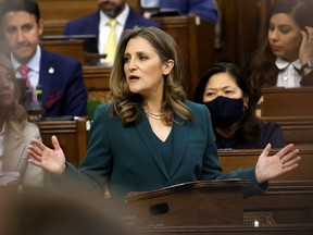 Finance Minister Chrystia Freeland presents the federal budget for fiscal year 2023-24 in the House of Commons on March 28, 2023.
