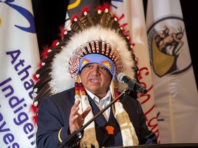 Greg Desjarlais, Chief of Frog Lake First Nation, speaks at the announcement of a deal between Enbridge and 23 First Nations and Métis communities — the largest Indigenous energy investment in North America, on Sept. 28, 2022 in Edmonton.