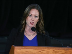 Alberta Minister of Municipal Affairs Rebecca Schulz delivers the province’s findings to Chestermere residents and observers at the recreation centre in Chestermere on Wednesday, March 15, 2023.
