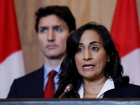 FILE PHOTO: Canada's Minister of National Defense Anita Anand and Canada's Prime Minister Justin Trudeau in Ottawa on September 26, 2022.