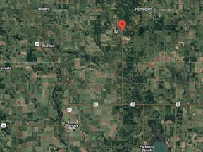 Approximate location where a 25-year-old woman was killed when her snowmobile struck a steel cable on the Blindman River northeast of Rimbey on Saturday, March 25.
