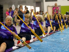 The Sistership Calgary Dragon Boat Team trains at the Rocky Ridge YMCA before leaving for New Zealand.