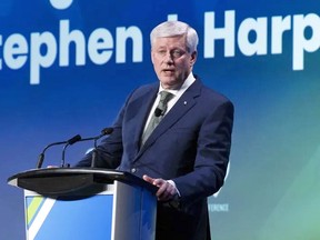 Former prime minister Stephen Harper delivers the keynote address at the Canada Strong and Free Network conference in Ottawa, Wednesday, March 22, 2023.