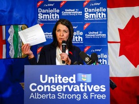 United Conservative Party leader and premier Danielle Smith celebrates her victory in a by-election in Medicine Hat, Alta., Tuesday, Nov. 8, 2022.