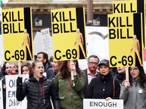 People protest against Bill C-69 in Calgary on March 25, 2019.