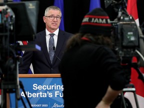 Treasury Board President and Finance Minister Travis Toews discusses the Alberta 2023 budget during a press conference in Edmonton, Tuesday, February 28, 2023.