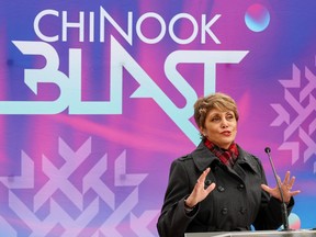 Calgary Mayor Jyoti Gondek speaks during the lineup announcement for the 2023 Chinook Blast Festival on Thursday, Jan. 12, 2023. Gondek previously said planned protests against the drag events at Chinook Blast are