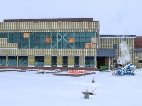 Work continues on the new North Calgary High School in Coventry Hills on Tuesday, February 28, 2023. The school is planned to be open this September.