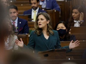 Canada's Deputy Prime Minister and Minister of Finance Chrystia Freeland presents the federal government budget for fiscal year 2023-24 in the House of Commons on Parliament Hill in Ottawa, Ontario, Canada March 28, 2023.