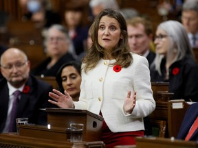 Canada's Deputy Prime Minister and Minister of Finance Chrystia Freeland delivers the fall economic statement in the House of Commons on Parliament Hill in Ottawa, Ont. on November 3, 2022.