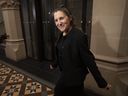 Deputy Prime Minister and Finance Minister Chrystia Freeland pauses to speak to reporters in February.