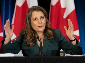 Deputy Prime Minister and Finance Minister Chrystia Freeland speaks during a news conference before delivering the Federal budget, Tuesday, March 28, 2023 in Ottawa.