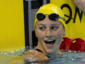 Summer McIntosh reacts after winning the women's 200-metre LC Individual Medley at the Canadian swimming trials in Toronto on Thursday, March 30, 2023.
