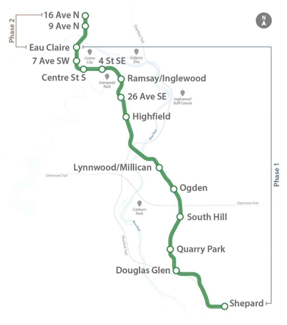 Map from the City of Calgary showing the first and second phases of the Green Line LRT.
