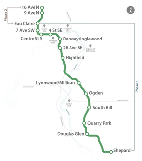 Map of the City of Calgary showing the first and second phases of the Green Line LRT.