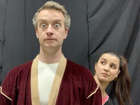 AJ Pearce and Safia Elder rehearsing a scene from Wrestling with Andy Kaufman, included in the Calgary One-Act Play Festival. Courtesy, AJ Pearce
