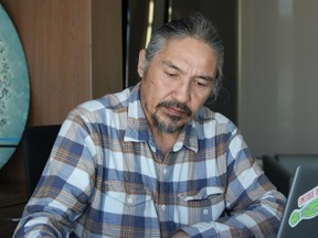 Chief Allan Adam of the Athabasca Chipewyan First Nation (ACFN) speaks to media from Acden's main office in Fort McMurray on March 2, 2023.