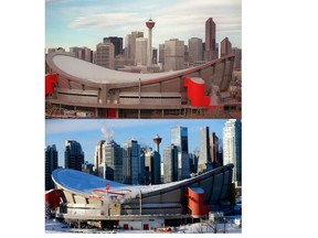 Top photo of Calgary skyline taken in January 1988; John Gibson/AFP via Getty Images. Bottom photo taken last winter; Darren Makowichuk/Postmedia Calgary.