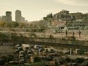 A still image from the HBO series The Last of Us shows the 4th Avenue flyover into downtown Calgary, which has been heavily digitized.