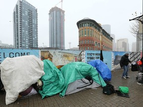 A small homeless camp is seen on Riverfront Avenue in Calgary.