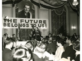 On this day in history in 1965, Calgary lawyer Peter Lougheed was elected leader of the Alberta Progressive Conservatives. He swept into office as premier six years later, launching the Tory dynasty in the province that lasted until 2015. Pictured is 
Lougheed, leader of the official opposition, at a PC annual meeting at the Palliser Hotel.  Postmedia files.
