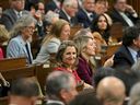 Finance Minister Chrystia Freeland awaits a speech from US President Joe Biden at the Canadian Parliament in Ottawa.