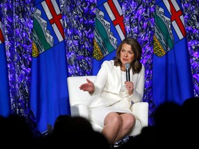 Premier Danielle Smith speaks during the sold-out UCP Leader's Dinner at the Hyatt Regency in Calgary on Wednesday, March 22, 2023.